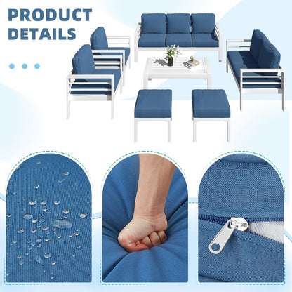 YODOLLA 7-Piece Patio Set, Aluminum, Blue Cushions