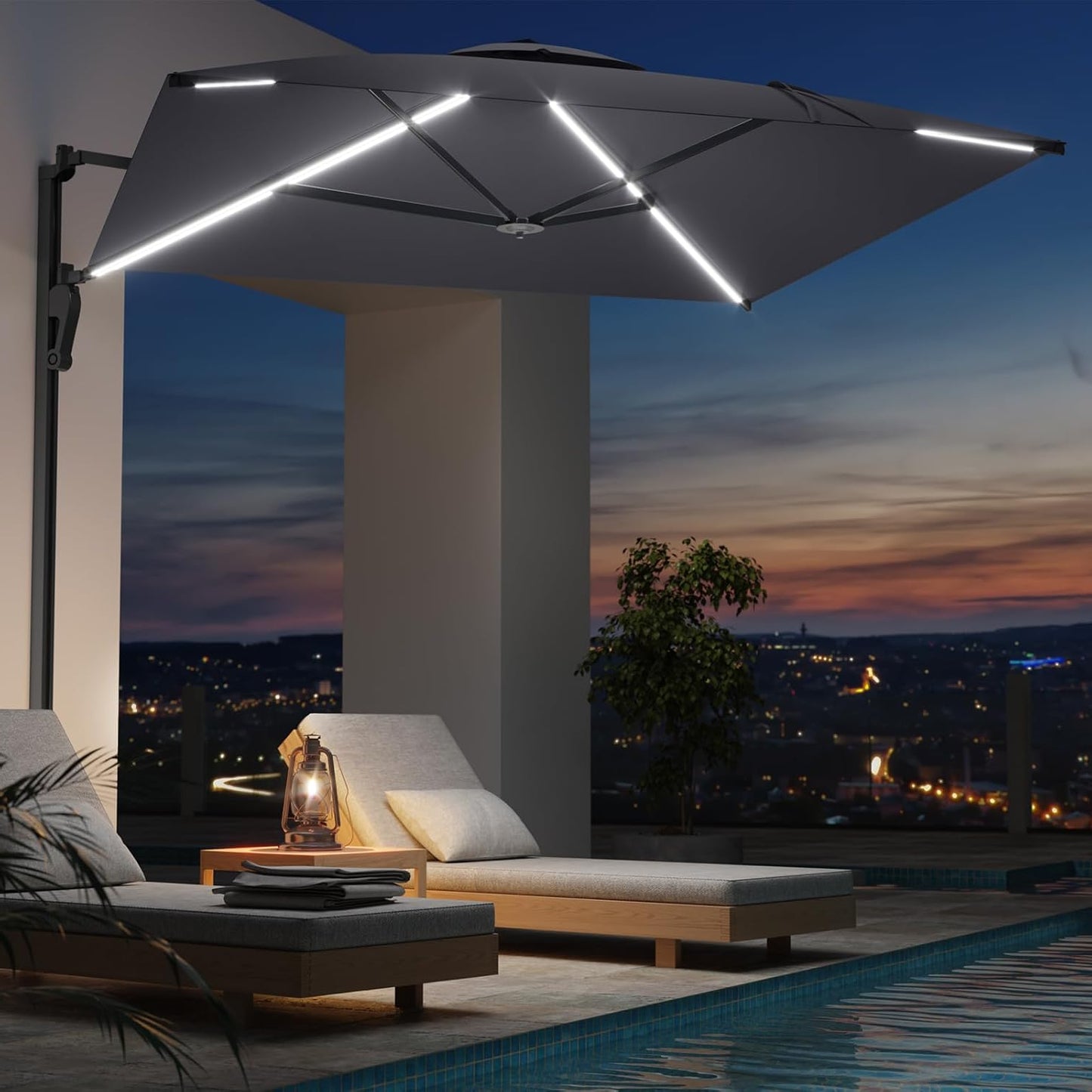 YODOLLA 10ft Solar LED Cantilever Patio Umbrella, Rectangular Wall Mounted Outdoor Large Offset Umbrellas