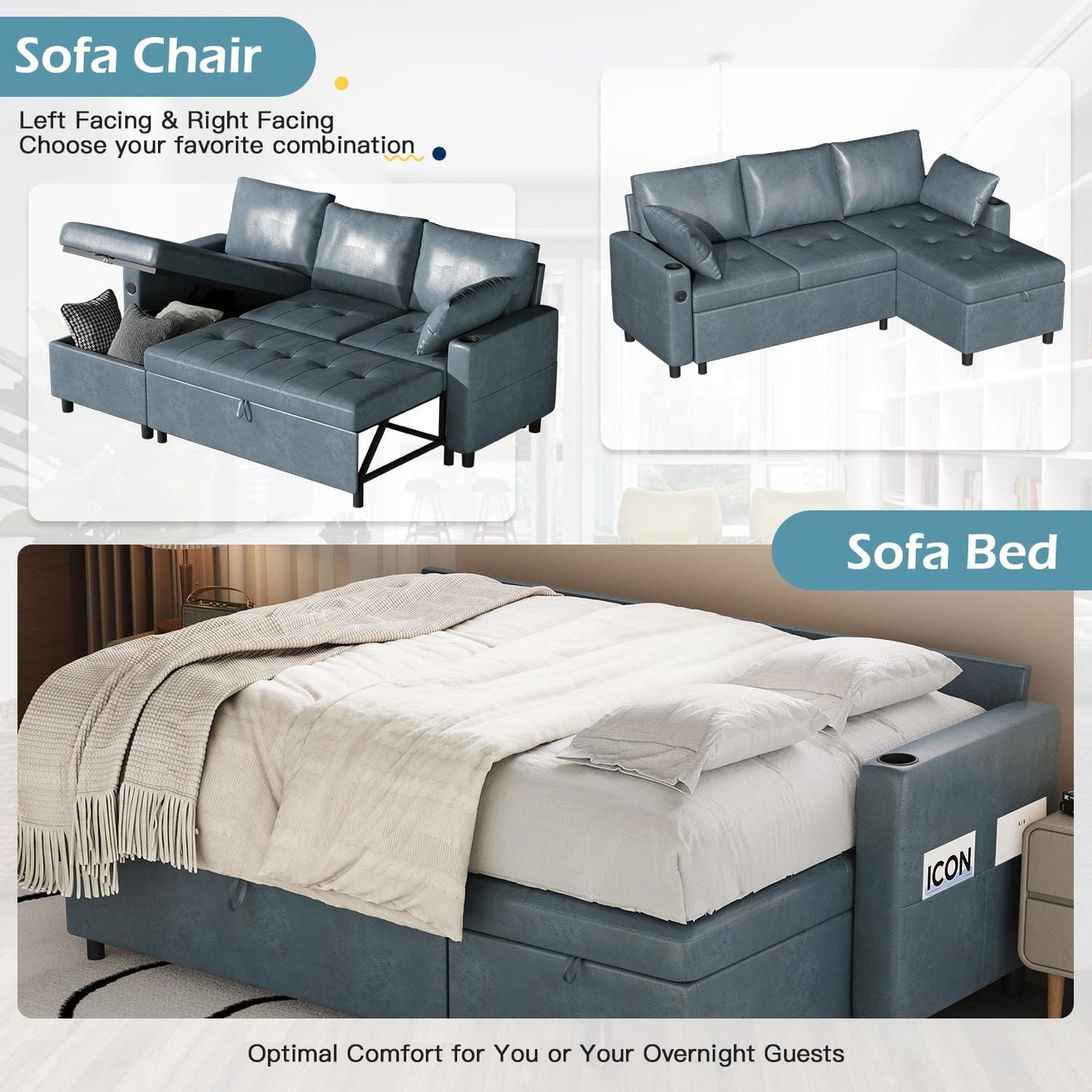 YODOLLA Faux Leather L-Shaped Sleeper Sofa, Pullout Bed, USB & Storage, Blue