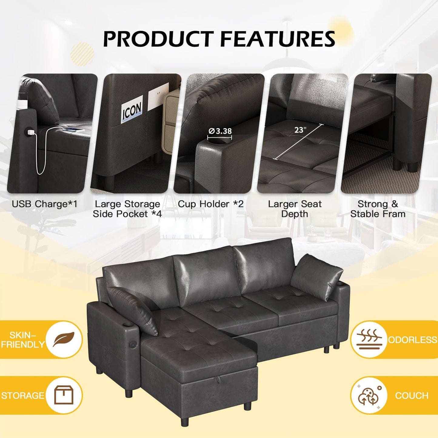 YODOLLA Faux Leather L-Shaped Sleeper Sofa, Pullout Bed, USB & Storage, Black