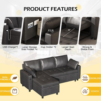 YODOLLA Faux Leather L-Shaped Sleeper Sofa, Pullout Bed, USB & Storage, Black