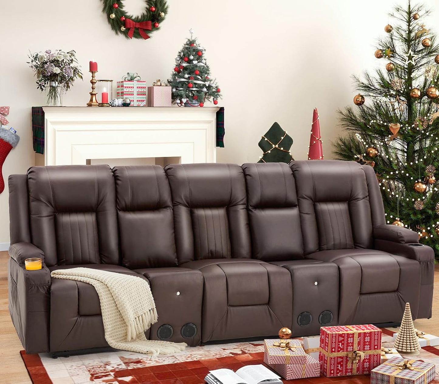 YODOLLA Brown Reclining Sofa w/ 2 Consoles & Speakers