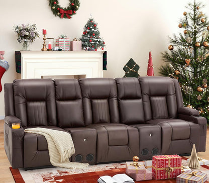 YODOLLA Brown Reclining Sofa w/ 2 Consoles & Speakers