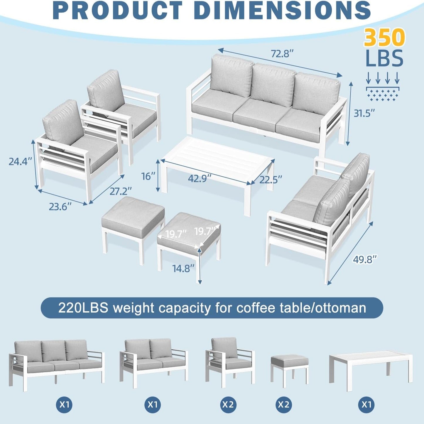 YODOLLA 7-Piece Patio Set, Light Gray Cushions