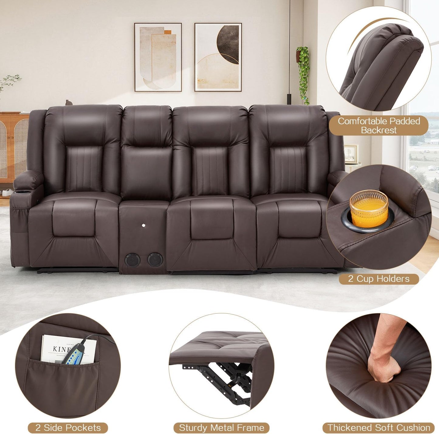 YODOLLA Faux Leather Recliner Sofa w/ Console, Brown