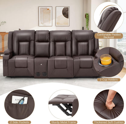 YODOLLA Faux Leather Recliner Sofa w/ Console, Brown