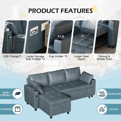 YODOLLA Faux Leather L-Shaped Sleeper Sofa, Pullout Bed, USB & Storage, Blue