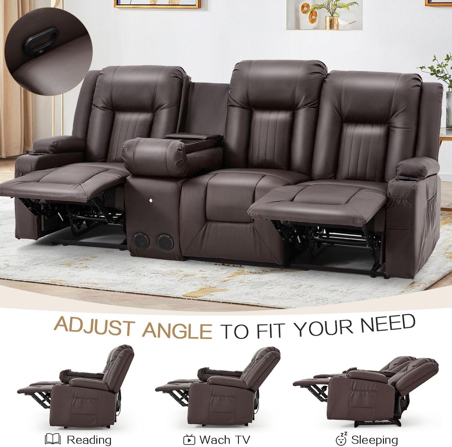 YODOLLA Faux Leather Recliner Sofa w/ Console, Brown
