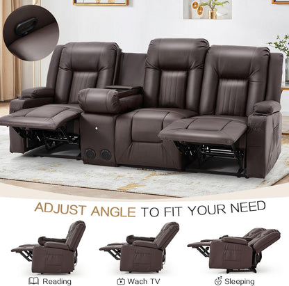 YODOLLA Faux Leather Recliner Sofa w/ Console, Brown