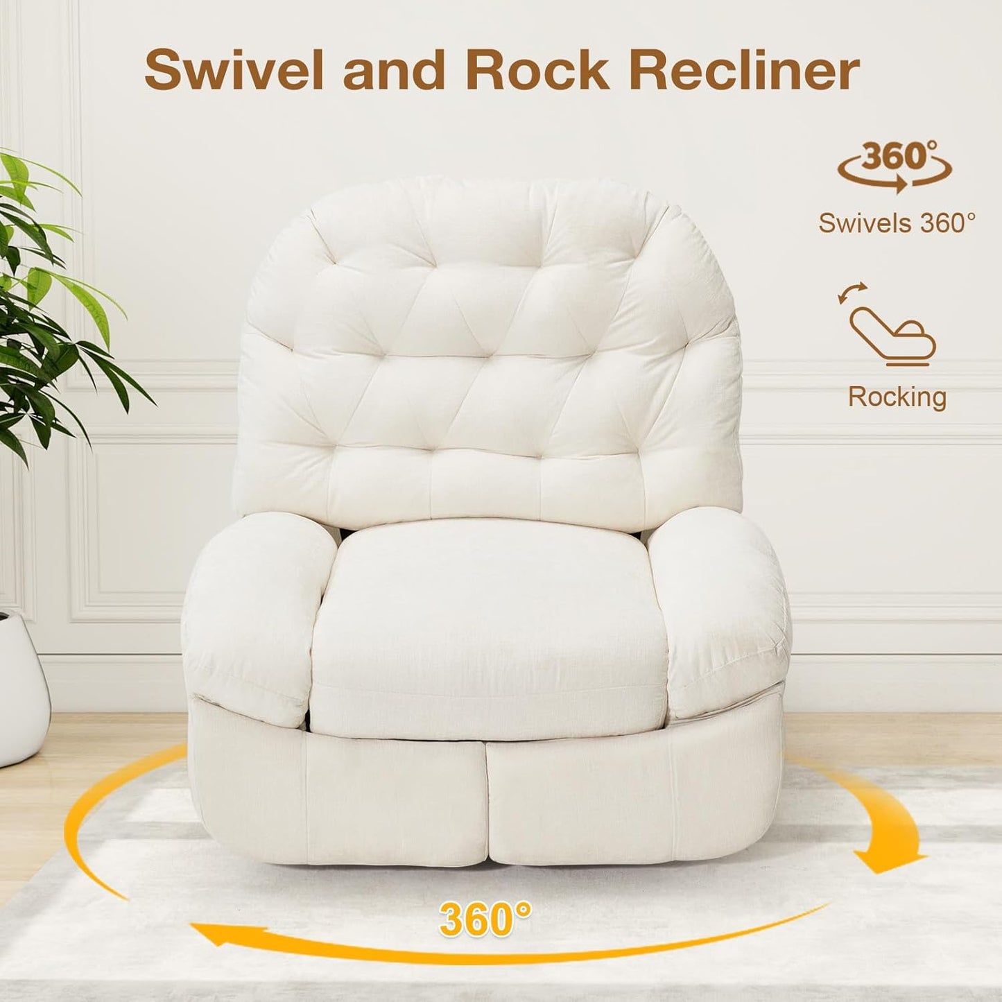 YODOLLA Oversized Recliner Chair, 360° Swivel Rocking Glider, Chenille Rocker, Cream White