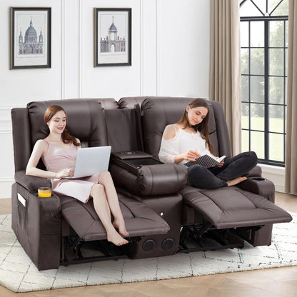 YODOLLA Faux Leather Recliner Sofa w/ Console, Brown