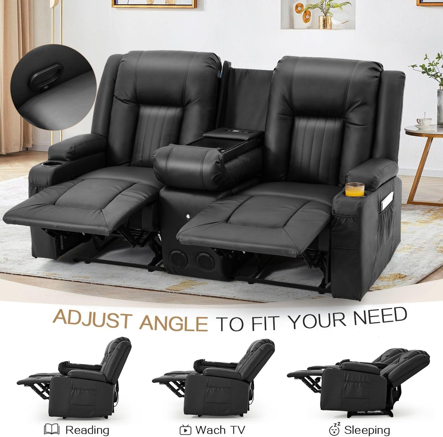 YODOLLA Faux Leather RV Loveseat w/ Console & USB, Black