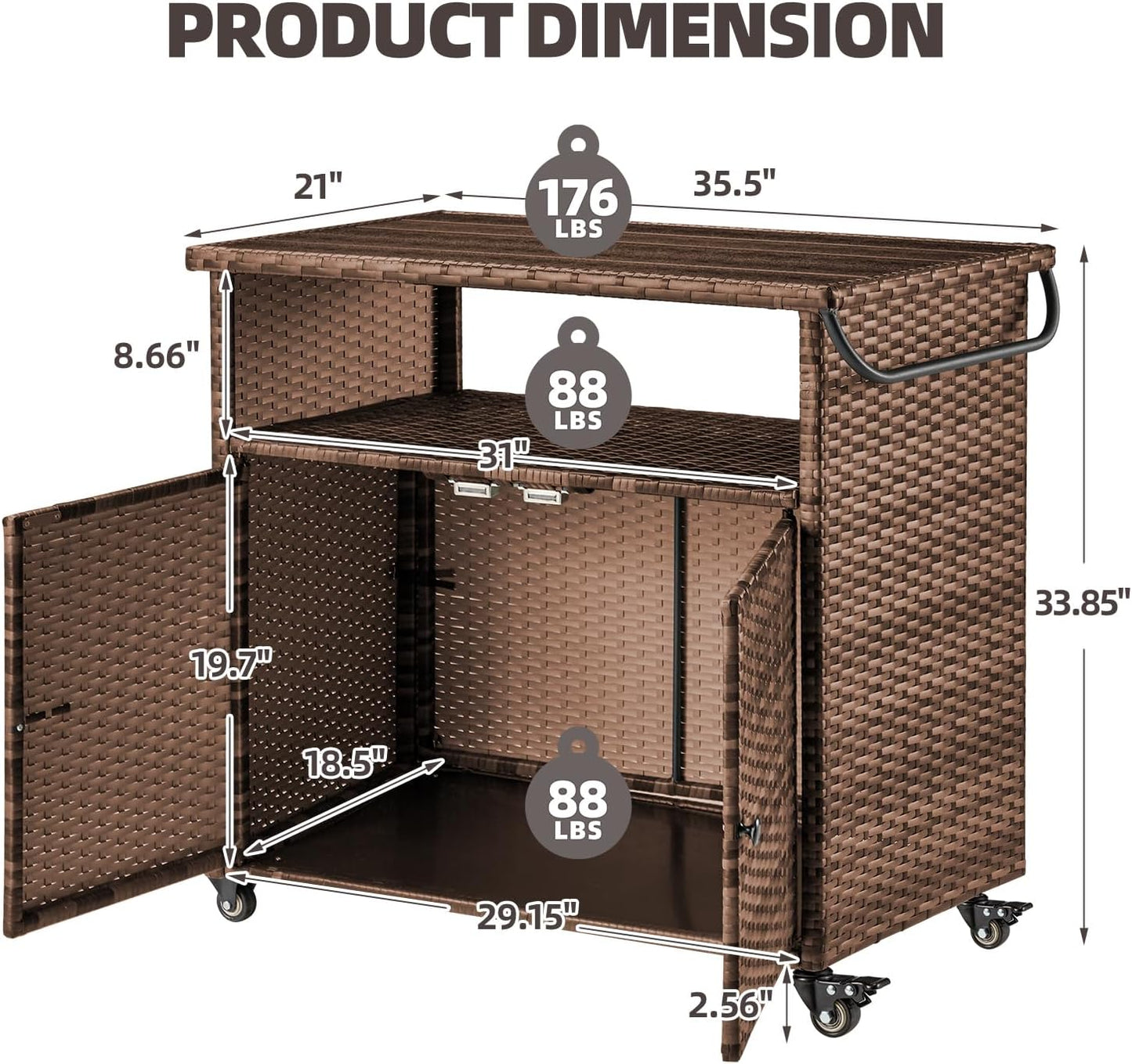 YODOLLA Outdoor Bar Cart, Patio Storage Grill Cart with Handles,Brown