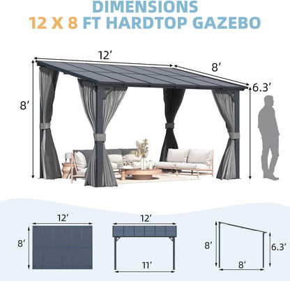 YODOLLA 12' x 8' Gazebo Outdoor Pergola Gazebo with Curtains and Netting