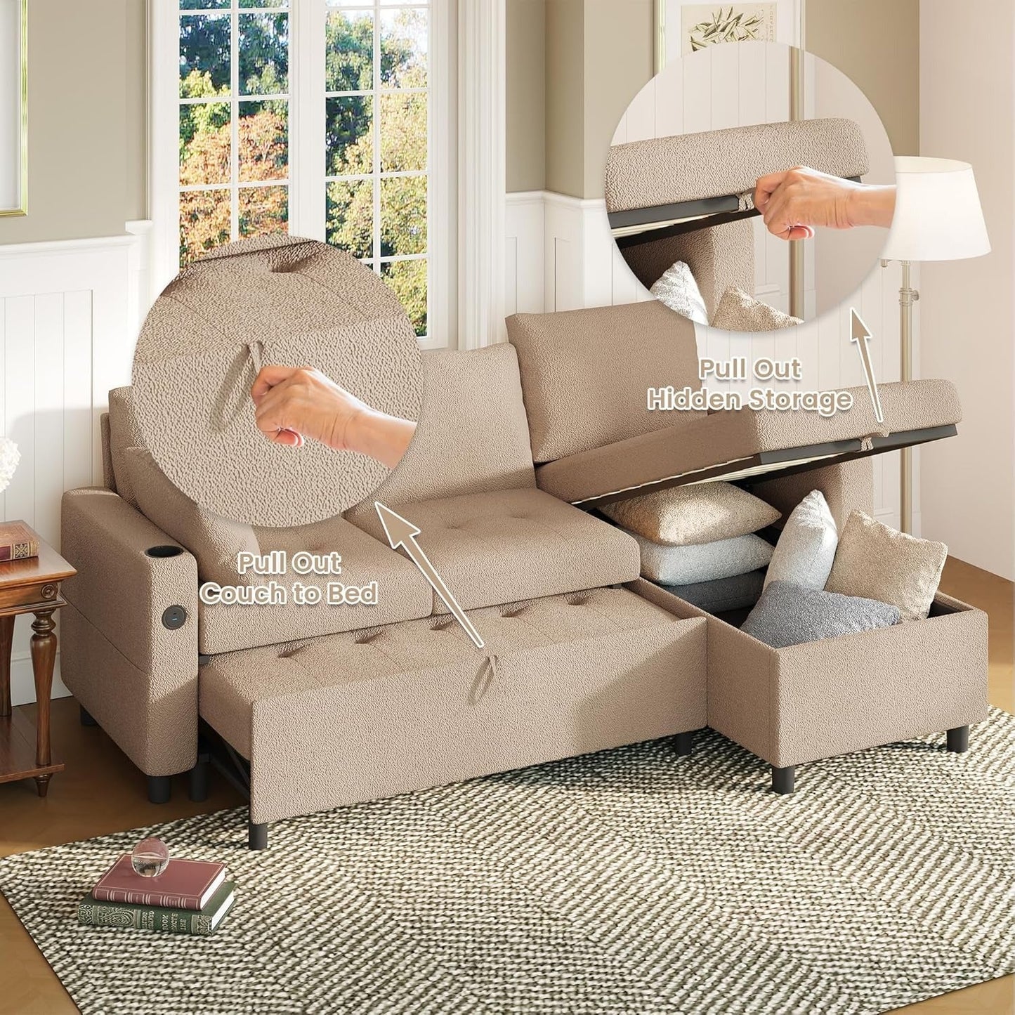 YODOLLA Teddy Velvet L-Shaped Sleeper Sofa, Pullout Bed, USB & Storage, Brown