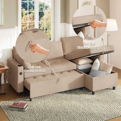 YODOLLA Teddy Velvet L-Shaped Sleeper Sofa, Pullout Bed, USB & Storage, Brown