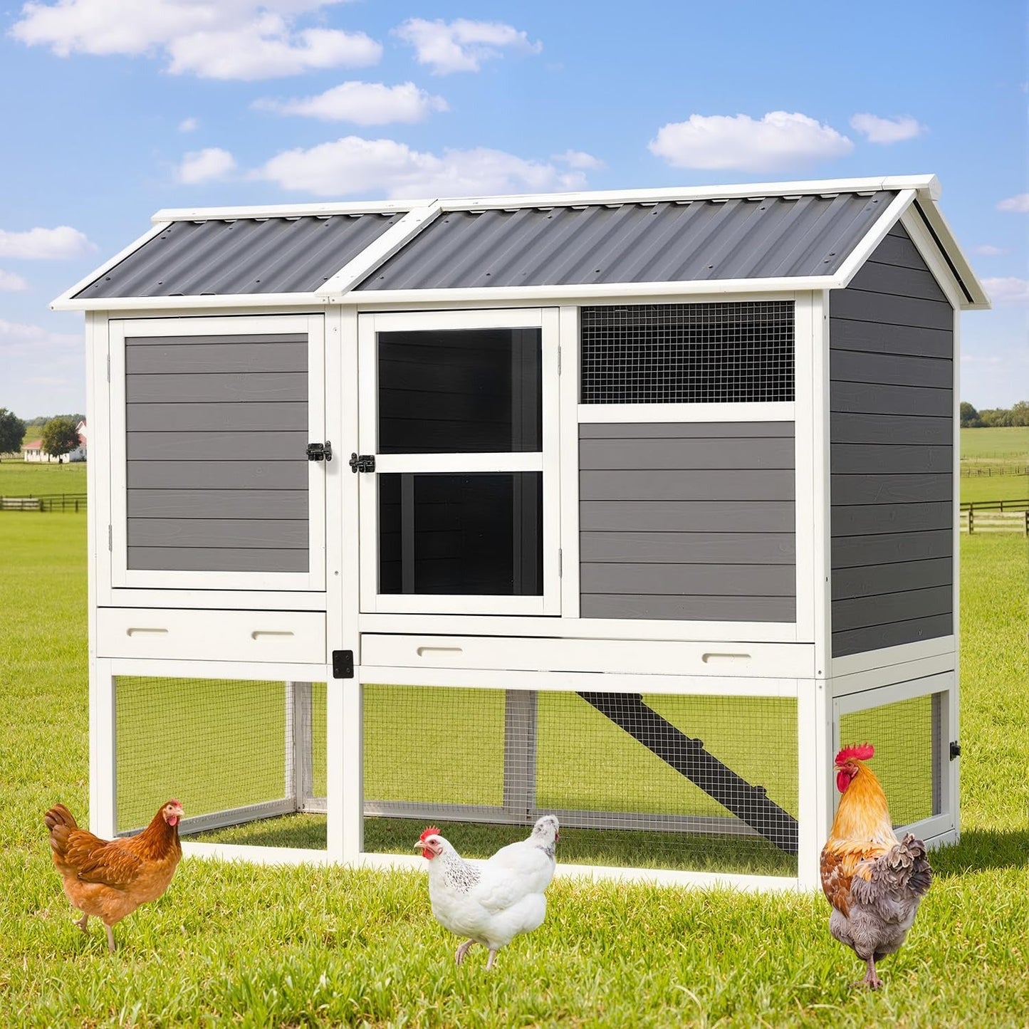 YODOLLA 83'' Large Chicken Coop with 4 Nesting Boxes, Grey & White