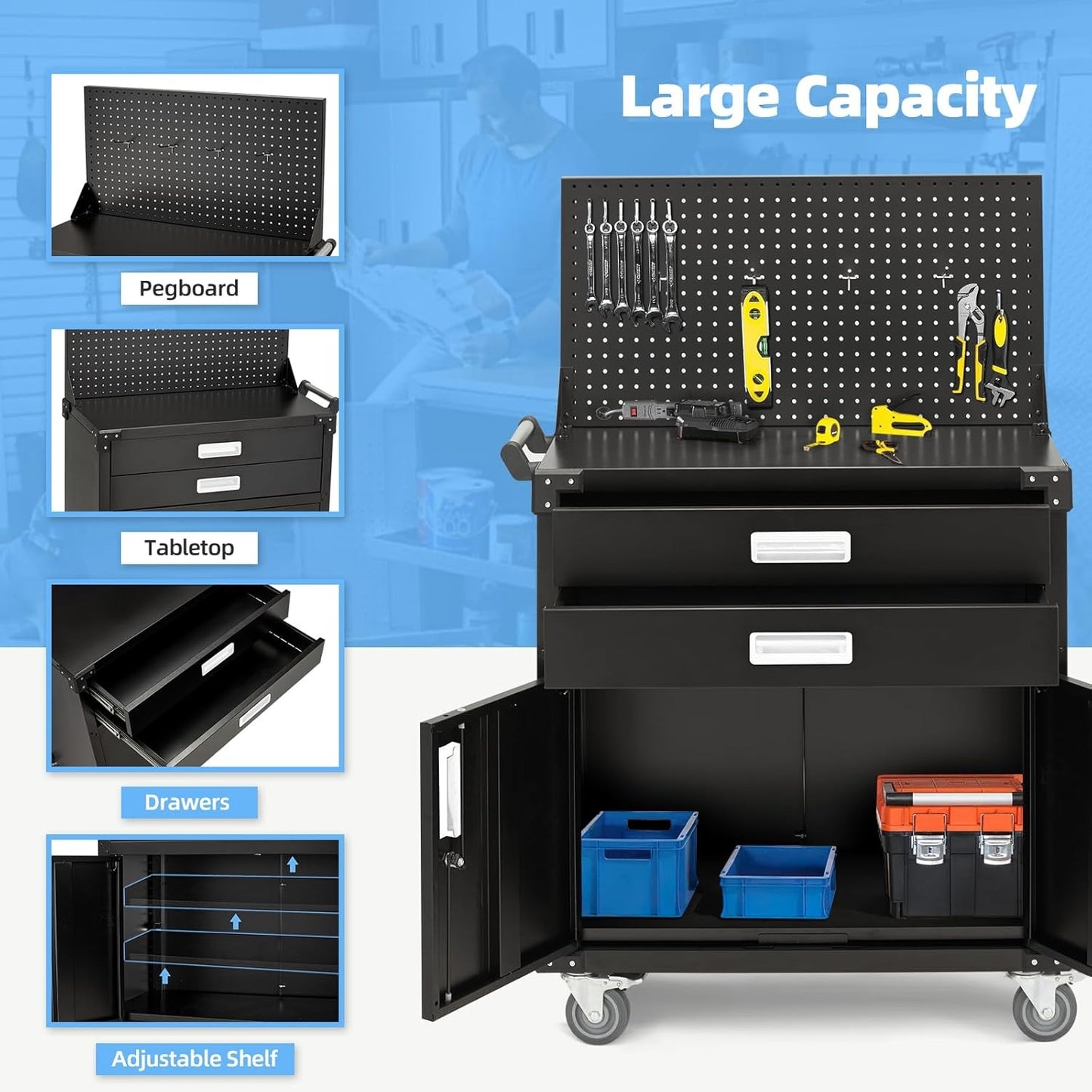 YODOLLA Rolling Tool Chest with Wheels 2 Drawers, White Handle
