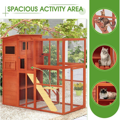 YODOLLA Large Spacious Cat Cage with Weatherproof Roof, Natural Wood