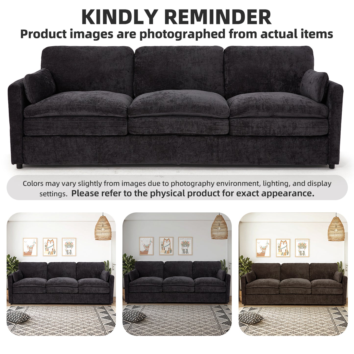 YODOLLA 89" Chenille Sofa, 3-Seater, 2 Removable Pillows, Black