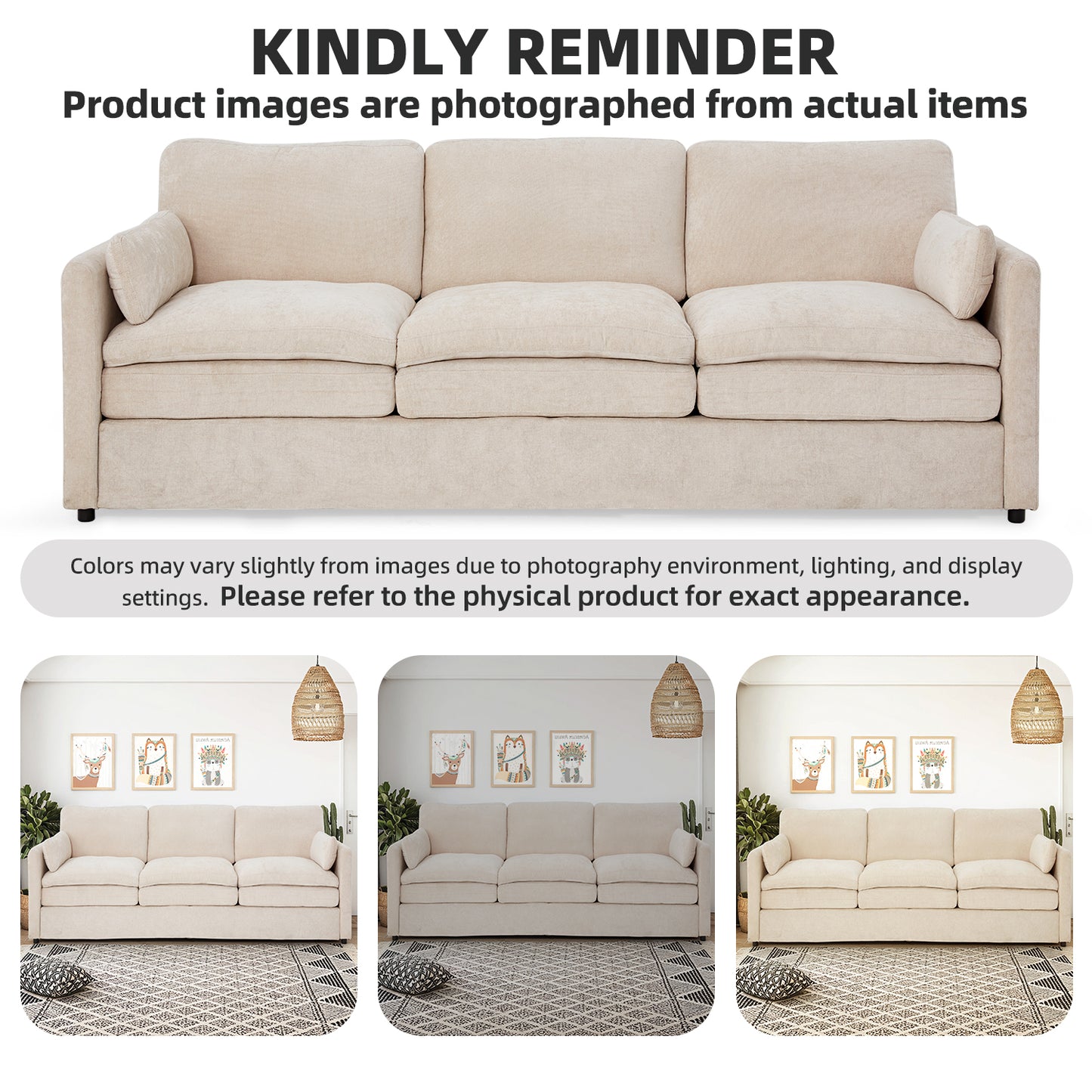 YODOLLA 89" Chenille Sofa, 3-Seater, 2 Removable Pillows, Cream White