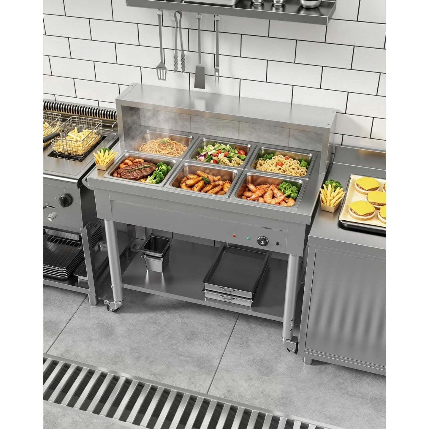 YODOLLA Commercial Food Warmer 1500W Electric Steam Table with 6x10QT Pans