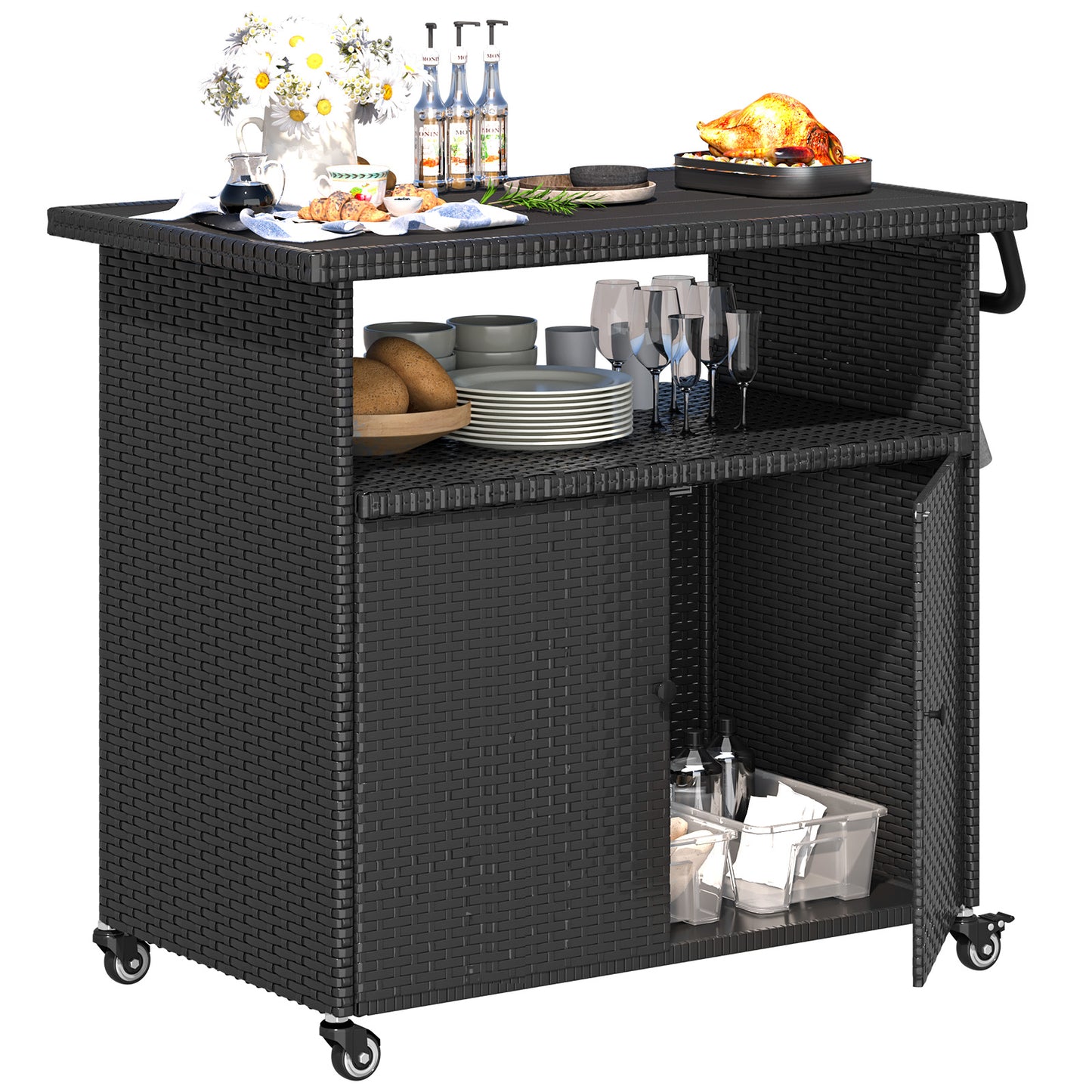 YODOLLA Outdoor Bar Cart, Patio Storage Grill Cart with Handles,Black