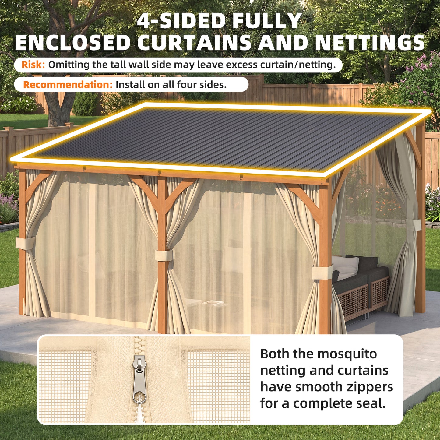 YODOLLA 12x10 Outdoor Wooden Pergola Gazebo with Curtains and Netting for Patio