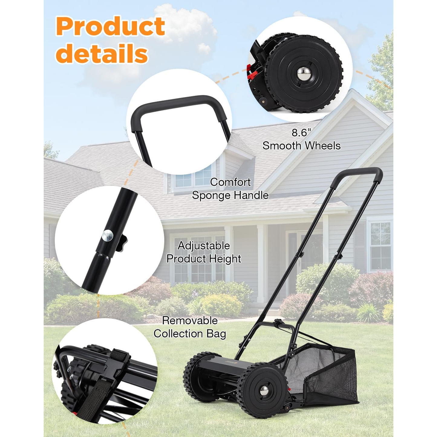 YODOLLA 18-Inch Manual Lawn Mower, 5 Blades Push Reel Lawn Mower