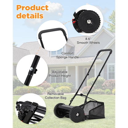 YODOLLA 18-Inch Manual Lawn Mower, 5 Blades Push Reel Lawn Mower