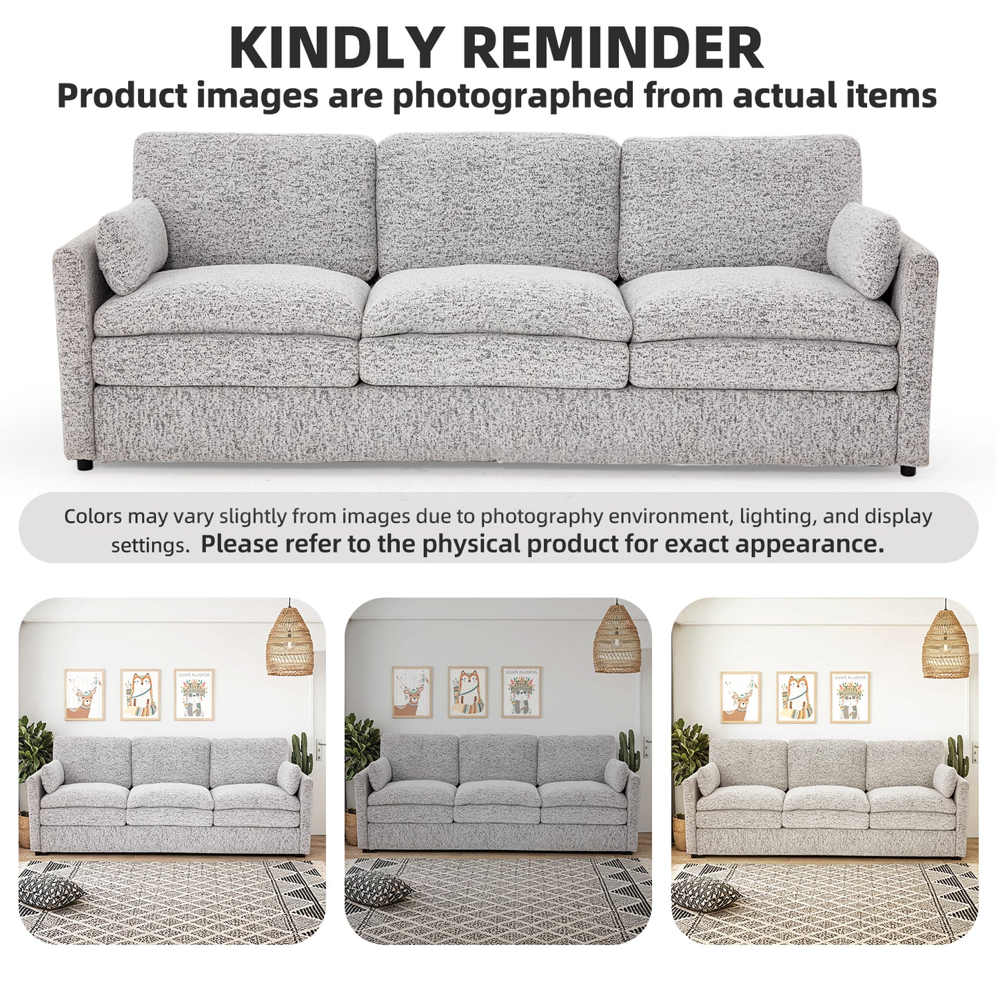 YODOLLA 89" Chenille Sofa, 3-Seater, 2 Removable Pillows, Gray