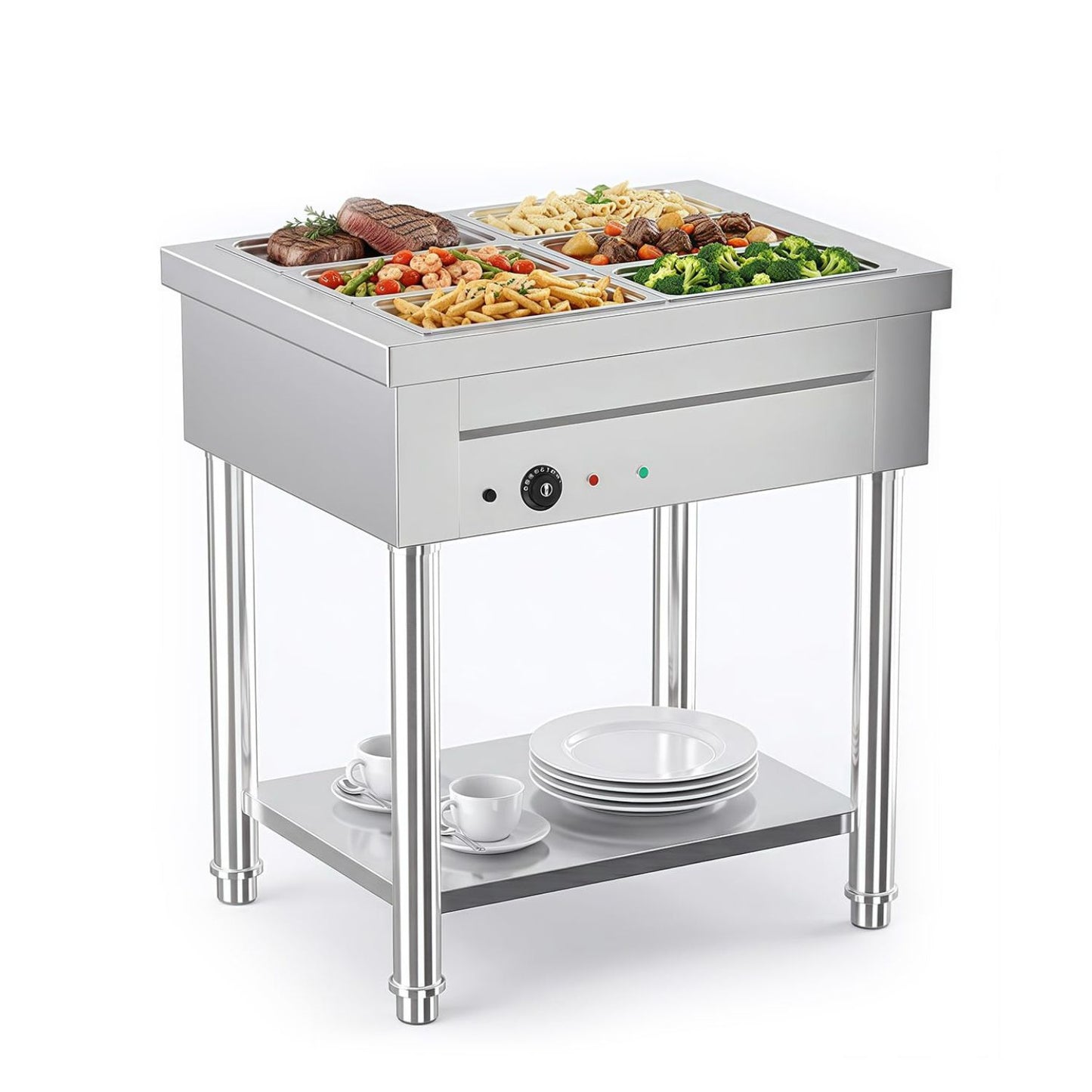 YODOLLA Commercial Food Warmer 1500W Electric Steam Table with 6x6QT Pans & Shelf