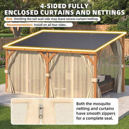 YODOLLA 20x10 Outdoor Wooden Pergola Gazebo with Curtains and Netting for Patio