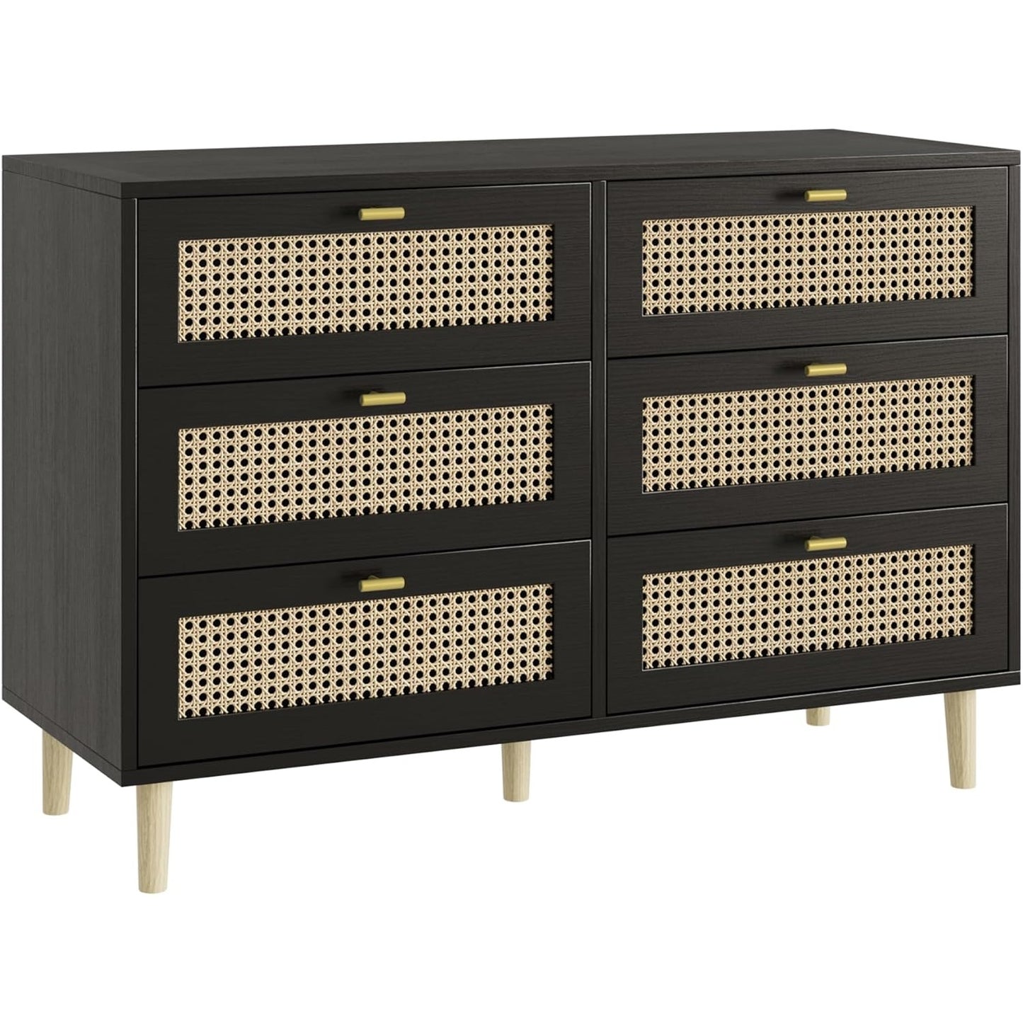 YODOLLA Wicker Dresser 6 Drawer Rattan Dresser, Black