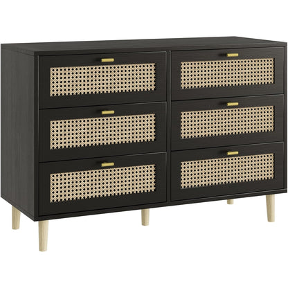 YODOLLA Wicker Dresser 6 Drawer Rattan Dresser, Black