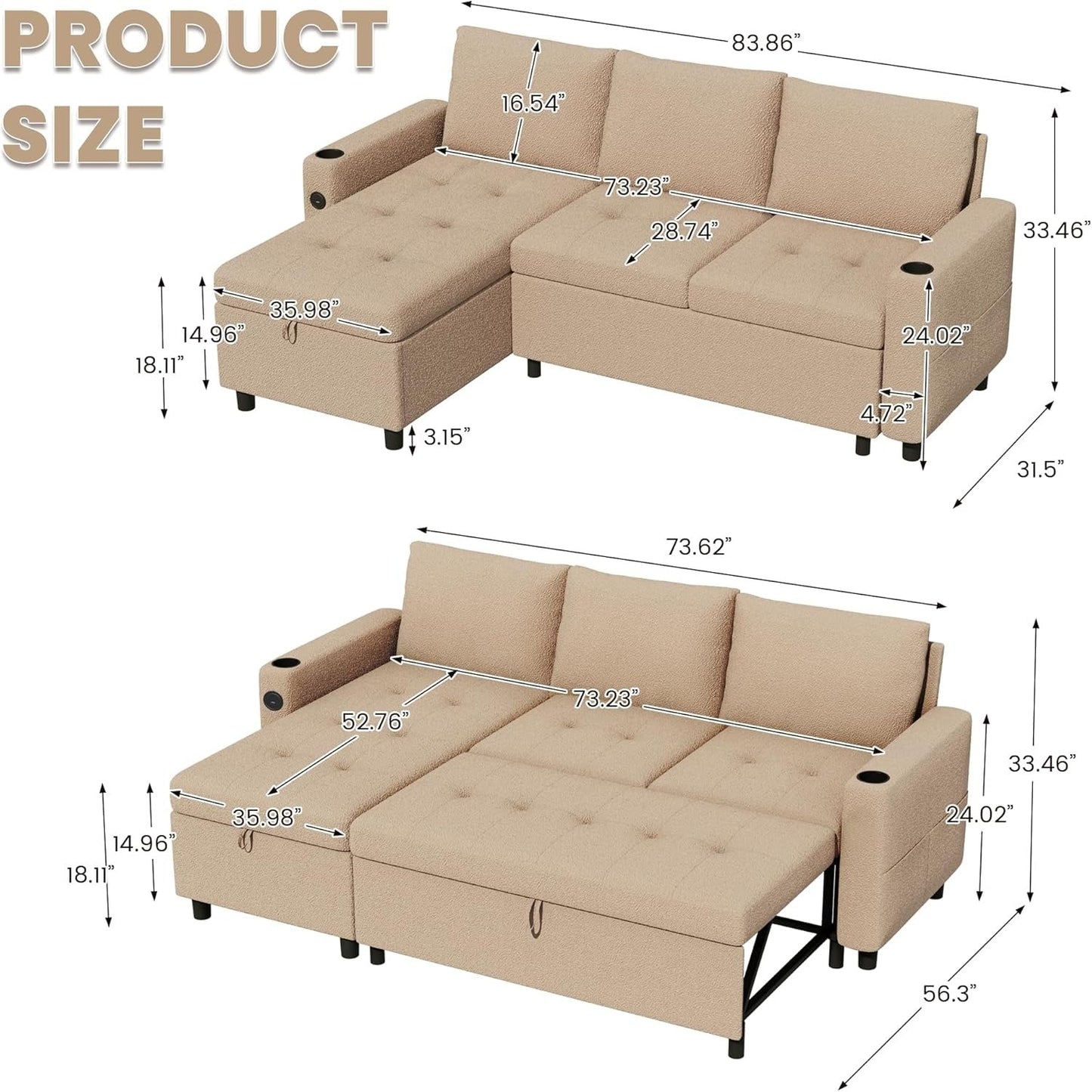 YODOLLA Teddy Velvet L-Shaped Sleeper Sofa, Pullout Bed, USB & Storage, Brown