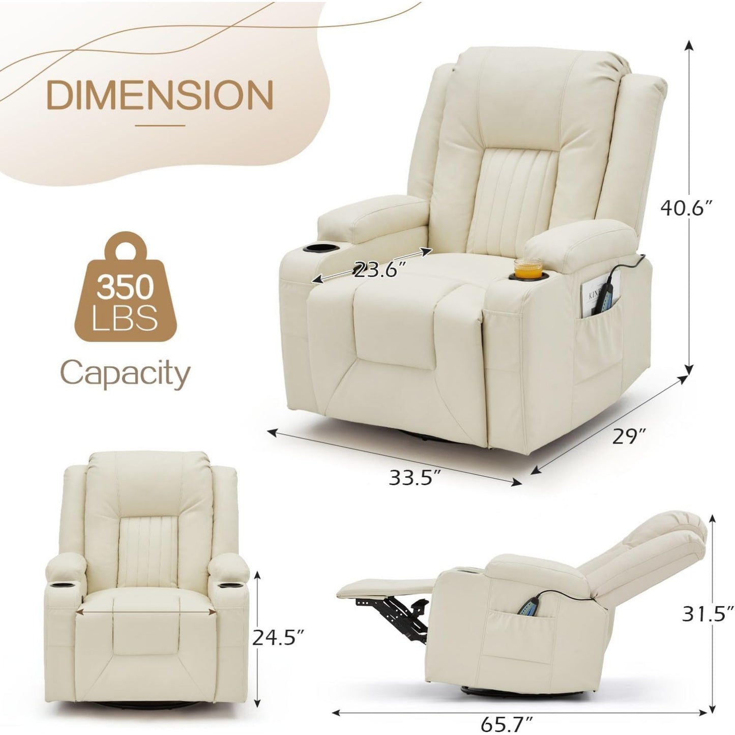 YODOLLA Recliner Chair with Heat&Massage, PU Leather Cream White