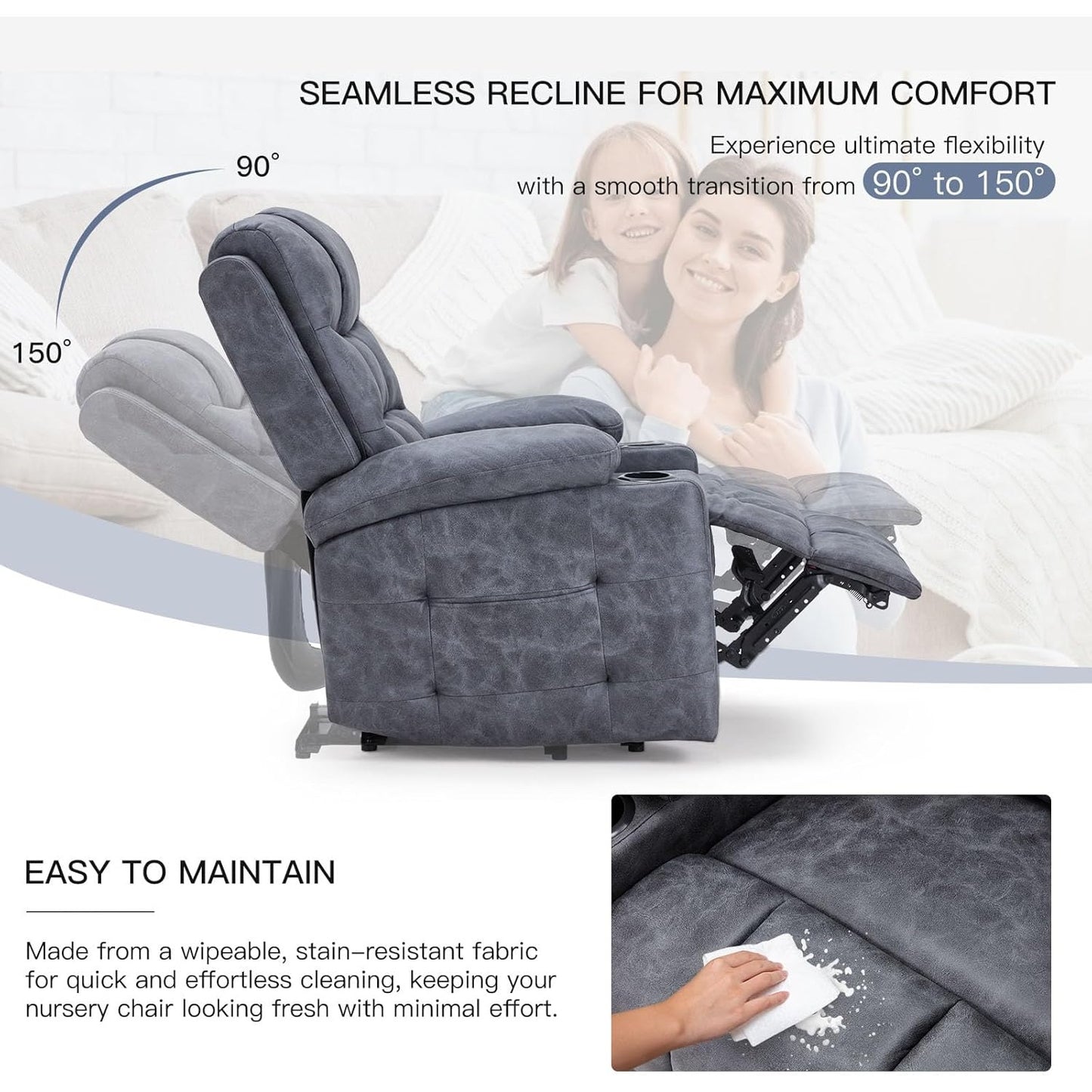 YODOLLA Wide Armrests Electric Recliner Nursery Chair, Faux Leather, Gray Blue
