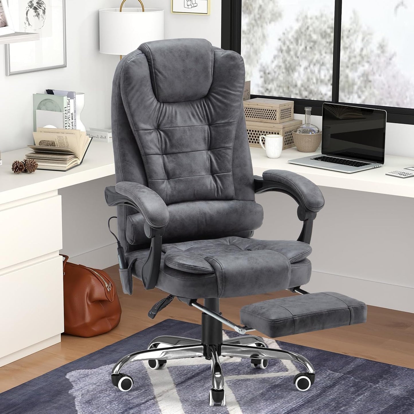 YODOLLA Massage Office Chair with Heat w/Retractable Footrest, Grey Leathaire