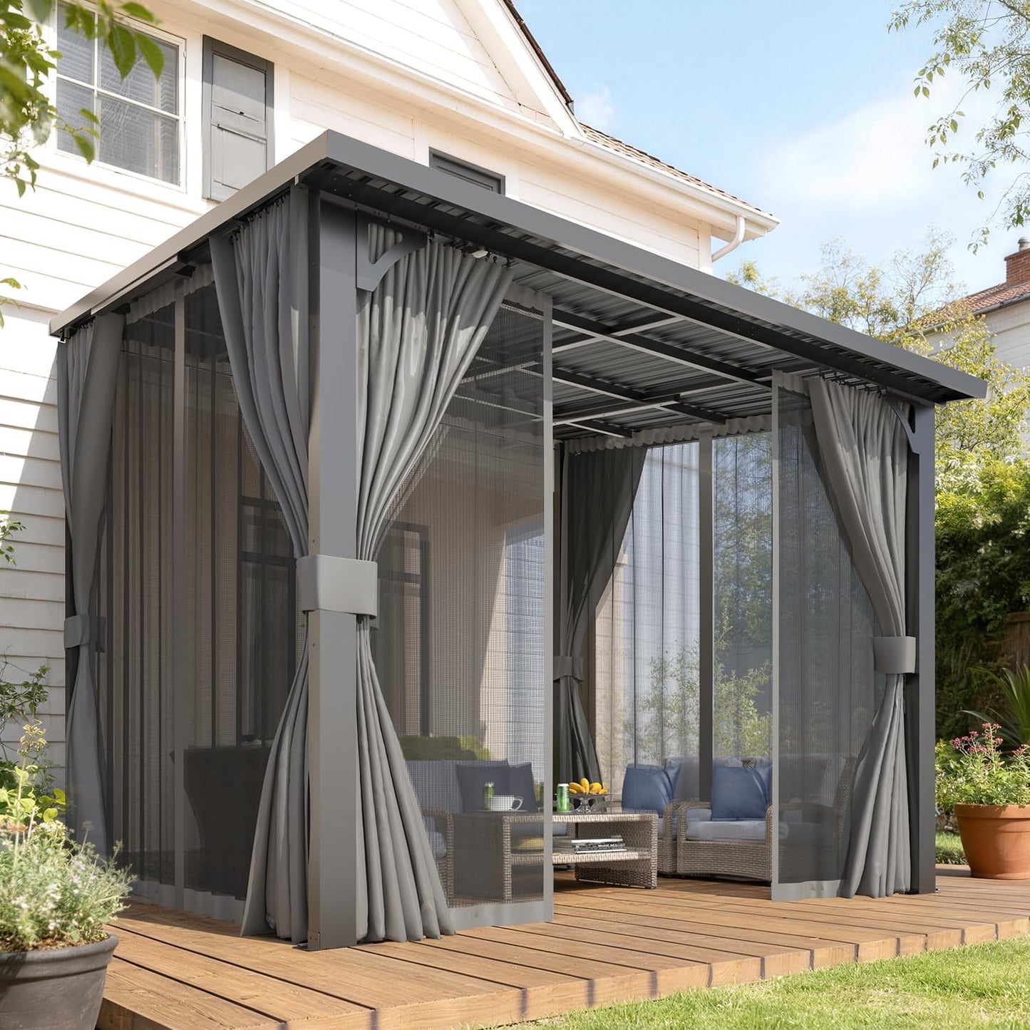 YODOLLA 2.4x2.4m Lean-to Gazebo with Curtains and Mosquito Netting