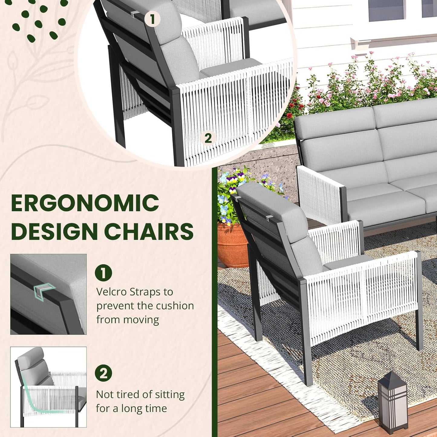 YODOLLA 4 Pieces Aluminum Patio Furniture Set with PE Rope Armrest, Light Grey