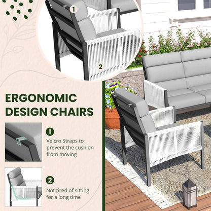 YODOLLA 4 Pieces Aluminum Patio Furniture Set with PE Rope Armrest, Light Grey