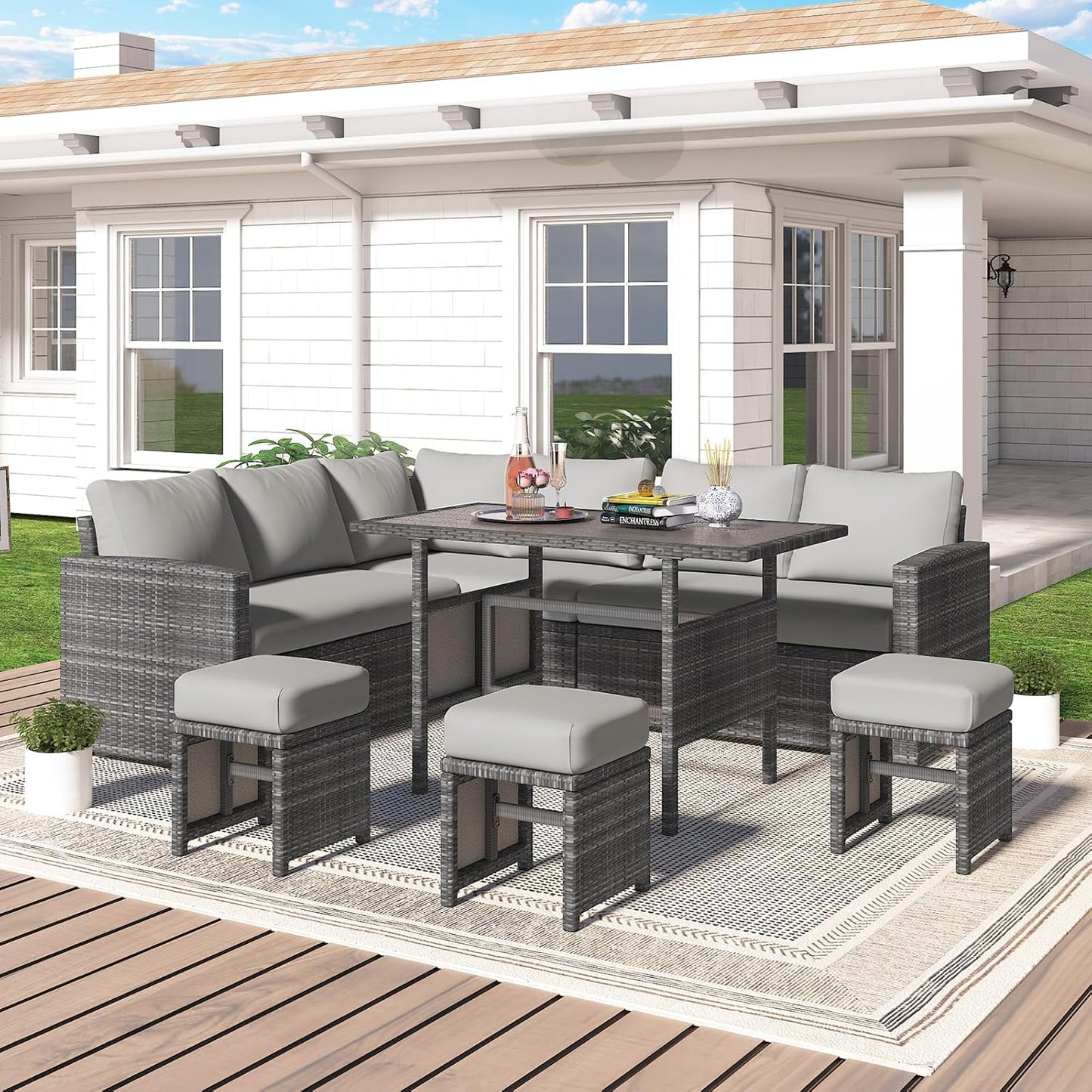 YODOLLA 7 Pieces Outdoor Wicker Rattan Furniture Set, Gray