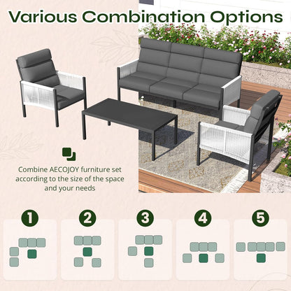 YODOLLA 4 Pieces Aluminum Patio Furniture Set with PE Rope Armrest, Dark Grey