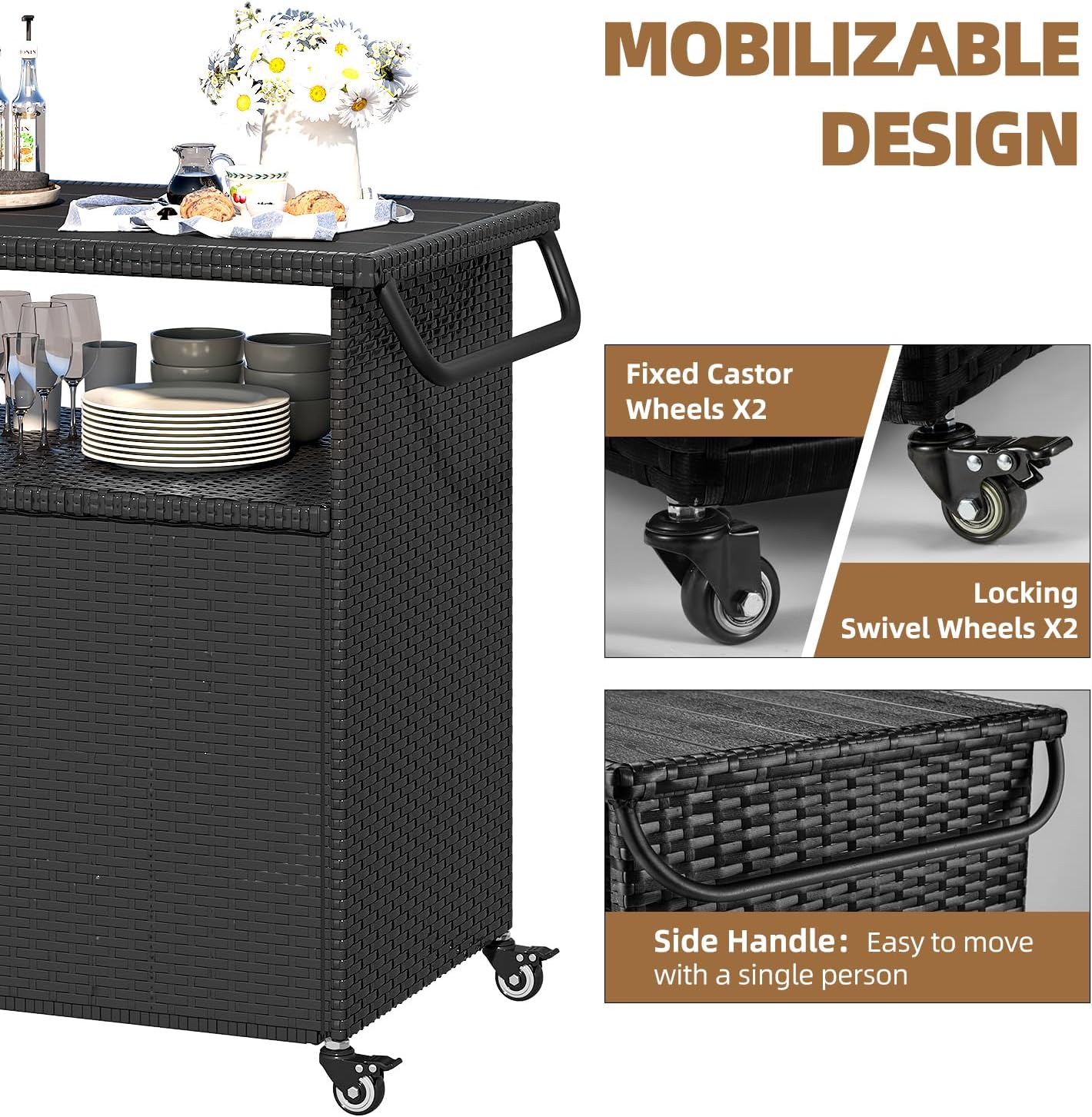 YODOLLA Outdoor Bar Cart, Patio Storage Grill Cart with Handles,Black