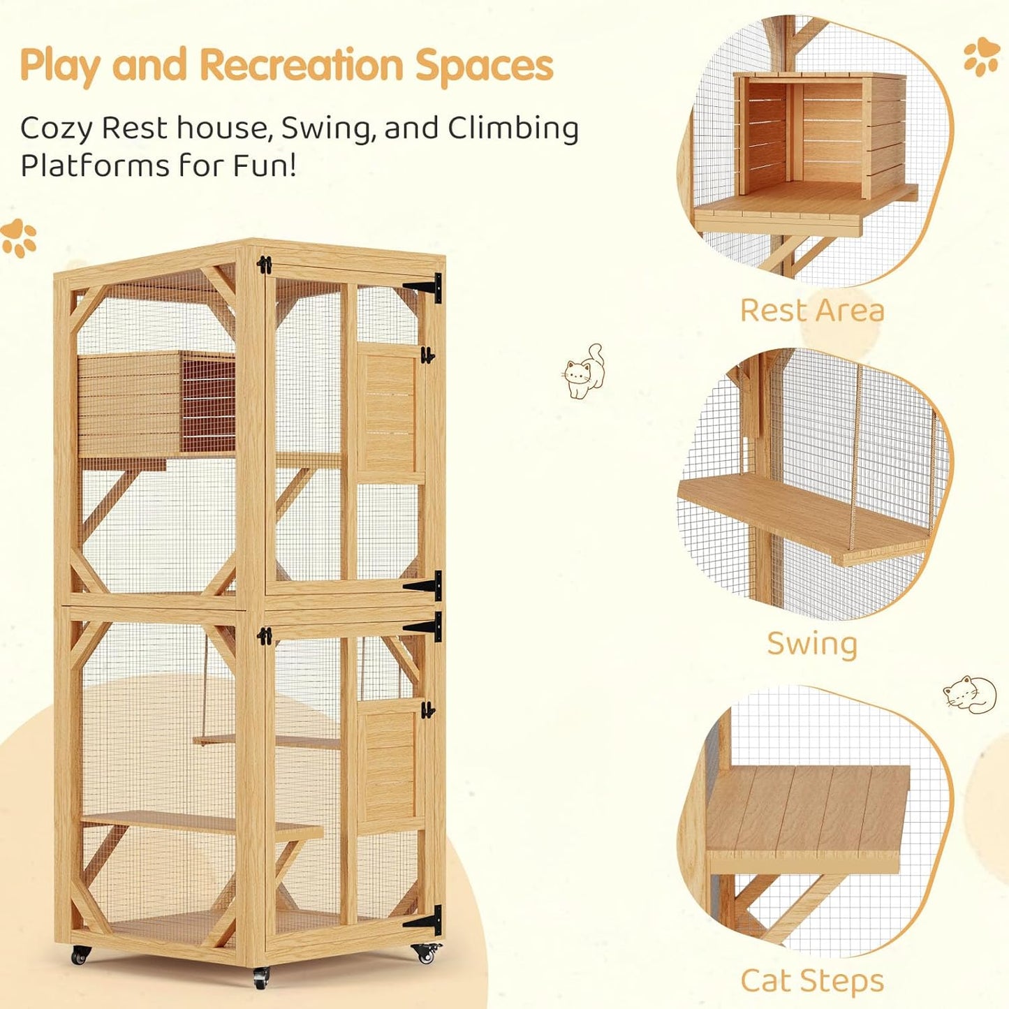 YODOLLA Outdoor Catio Enclosure with Hammock, Safe Play Space for Cats, Natural