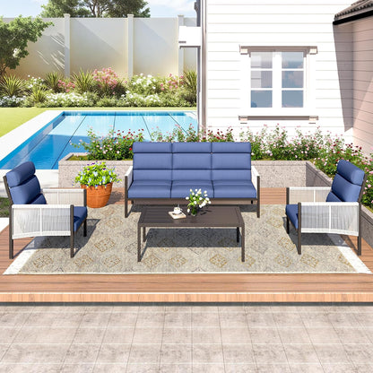 YODOLLA 4 Pieces Aluminum Patio Furniture Set with PE Rope Armrest, Dark Blue