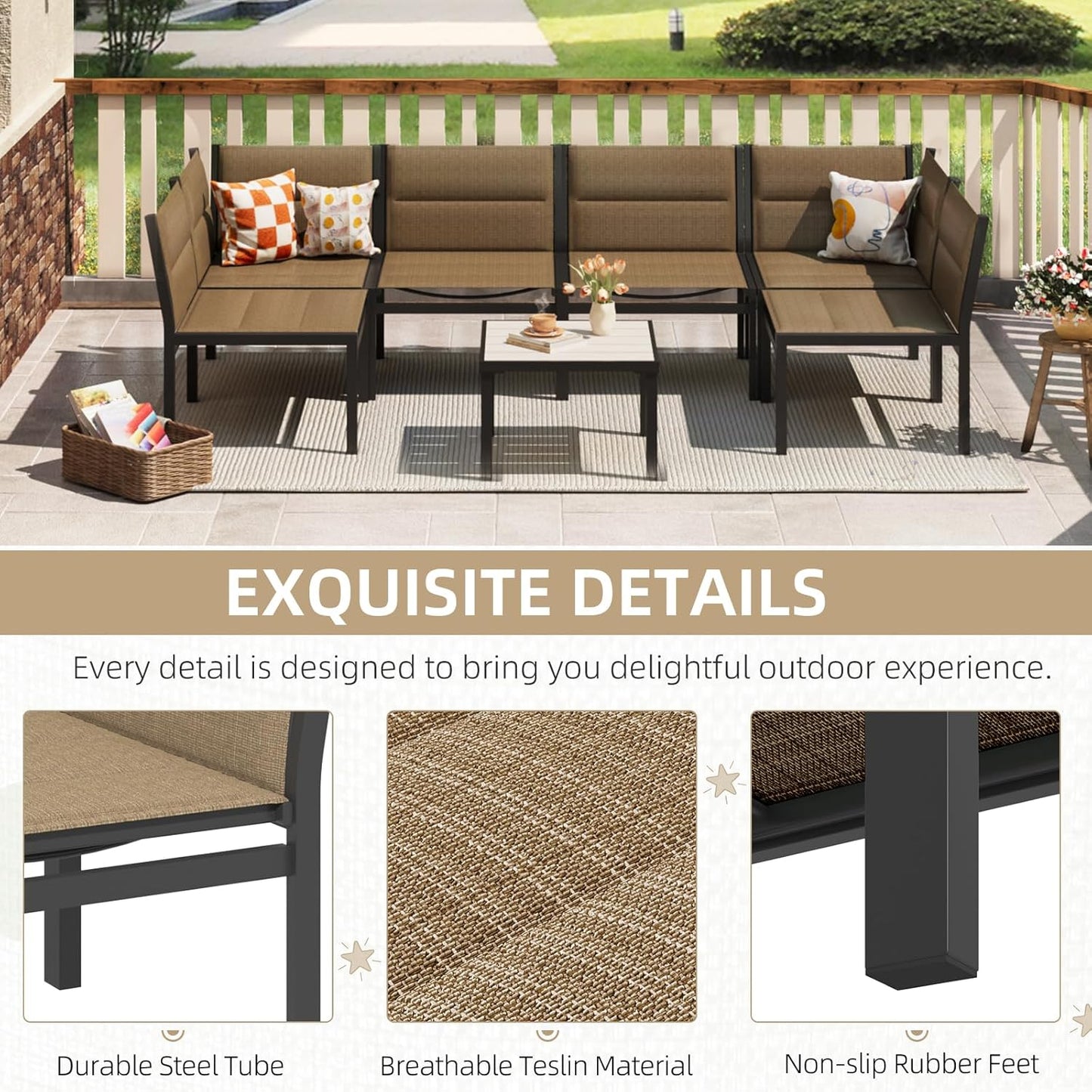 YODOLLA 7-Pc Sectional Patio Set Textilene Fabric, Brown