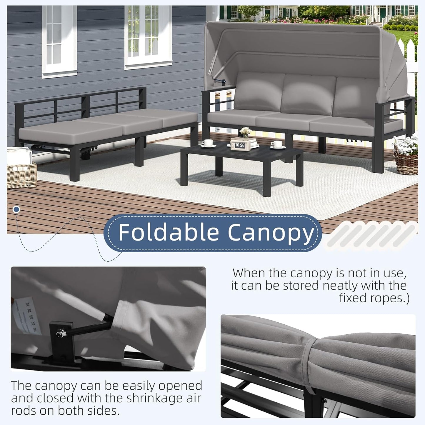 YODOLLA Patio Furniture Set with Retractable Canopy, Grey