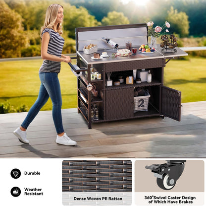 YODOLLA Outdoor Bar Cart with Rattan Storage Cabinet, Brown